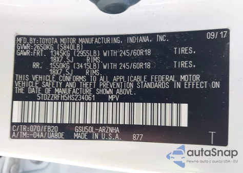 2017 Toyota Highlander Le из США, поврежденный, VIN 5TDZZRFH5HS234061